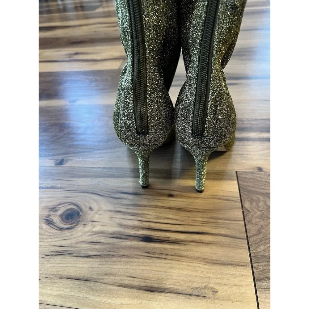 Marc Fisher Green Gold Sparkle Sock Boots Pointed Toe 3 In Heel Size 7.5